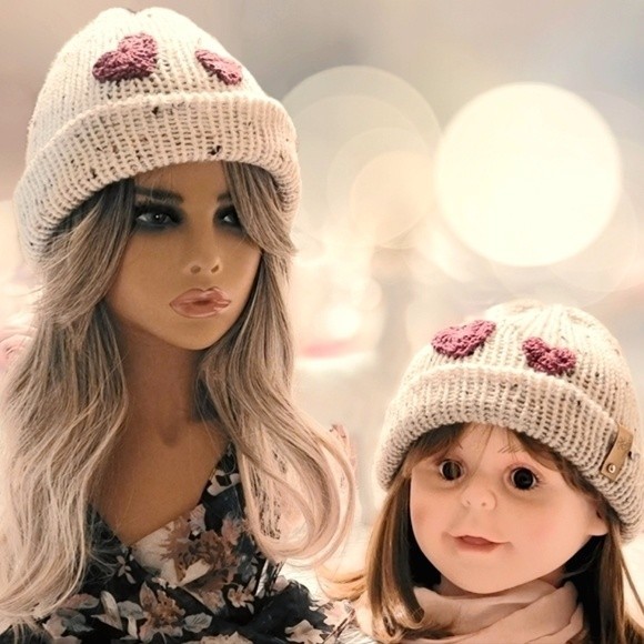?HP? Pair of Warm Heart Hats, Beige, Tan, Brown Tweed,  Adult and child size